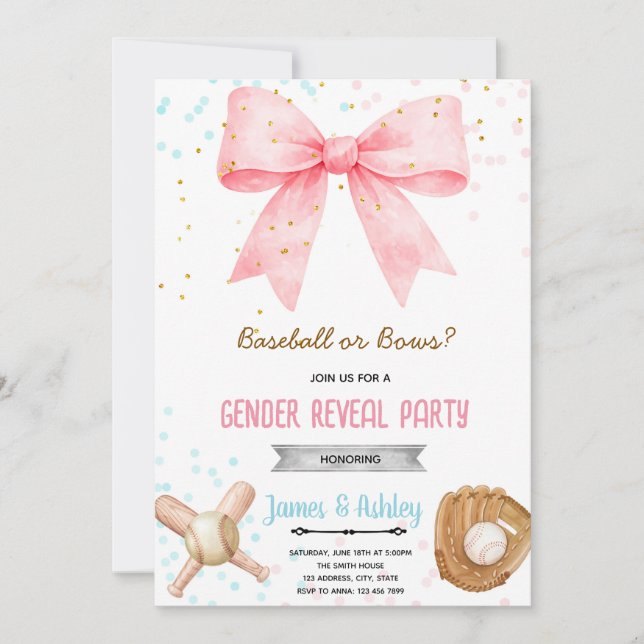 Baseball or Bows Gender Reveal invitation Inbjudningar (Framsida)