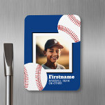 Baseball Photo Add Your Name - kan redigera blått Magnet<br><div class="desc">En modern och trendig utformning för alla idrottsdirektörer eller mitten-skoltränare. Den kan också användas för alla idrottsmän inom idrotten.</div>