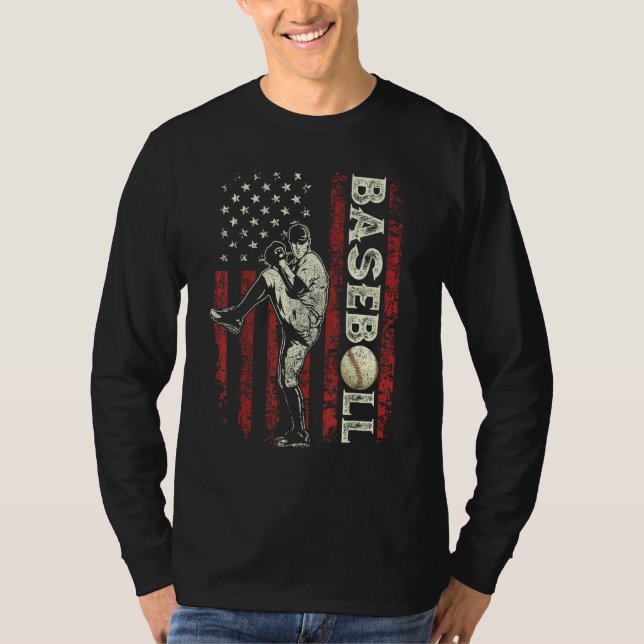Baseball Pitcher US Flag  Dad Men Patriotic 4th Of T Shirt (Framsida)