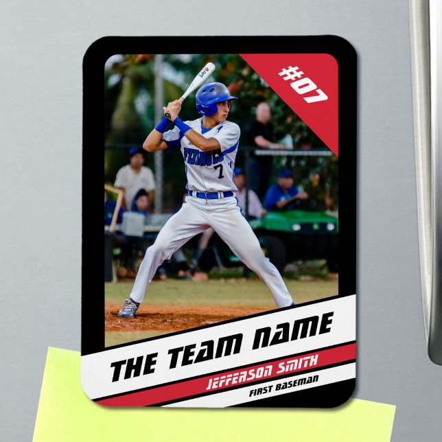 Baseball Player Anpassade Black Red Magnet (Baseball Player Magnet in Black with Custom Team Name and White Red Stripes)