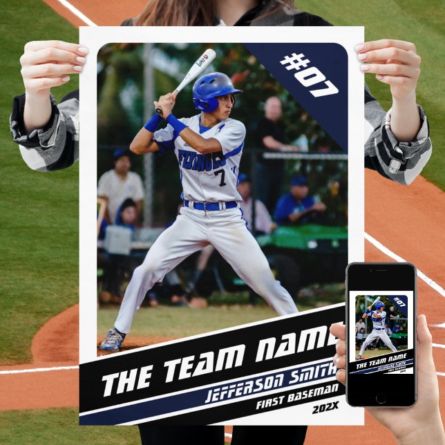 Baseball Player Anpassade Gift in White Blue Poster (Baseball Player Poster in White with Custom Team Name and Black Blue Stripes)