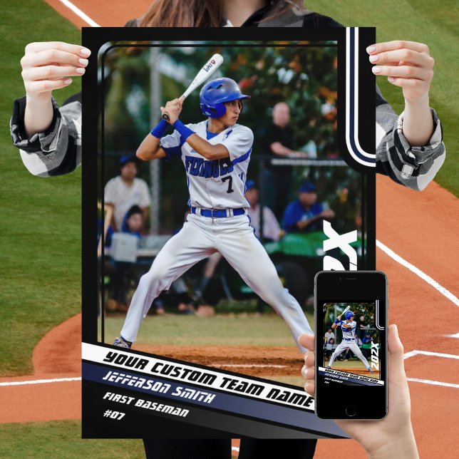 Baseball Player Anpassningsbar Gift in Blue Poster (Baseball Player Poster in Black with Custom Team Name and White Blue Stripes)