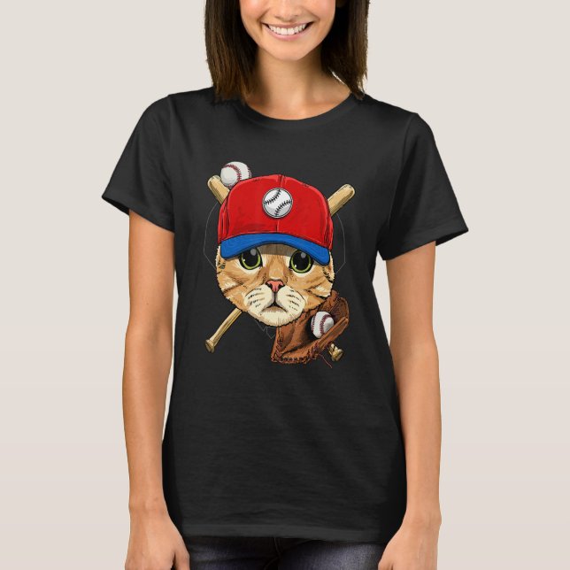 Baseball Player Cat Batter Pitcher Catcher Basebal T Shirt (Framsida)