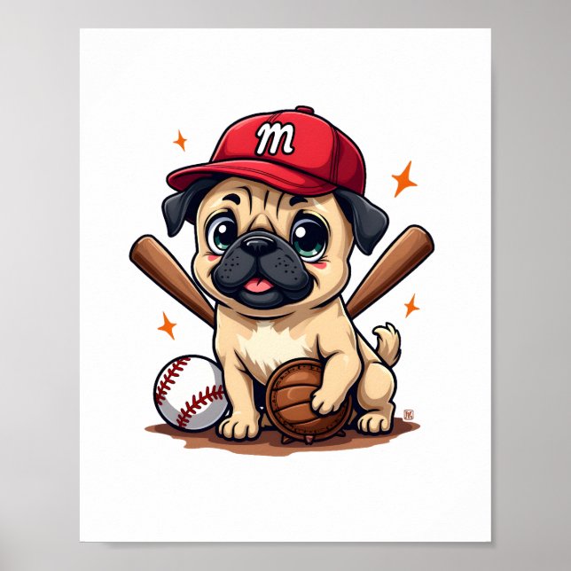 Baseball Player Coach Pug Hund älskare Pug Mamma Poster (Framsidan)