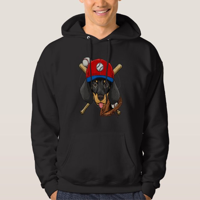 Baseball Player Coaches Dachshund Weiner Dog Pitch Hoodie (Framsida)