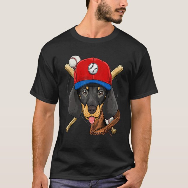 Baseball Player Coaches Dachshund Weiner Dog Pitch T Shirt (Framsida)