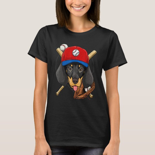 Baseball Player Coaches Dachshund Weiner Dog Pitch T Shirt (Framsida)