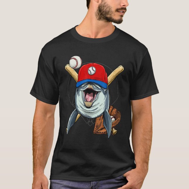 Baseball Player Dolphin Whale Pitcher Catcher Base T Shirt (Framsida)