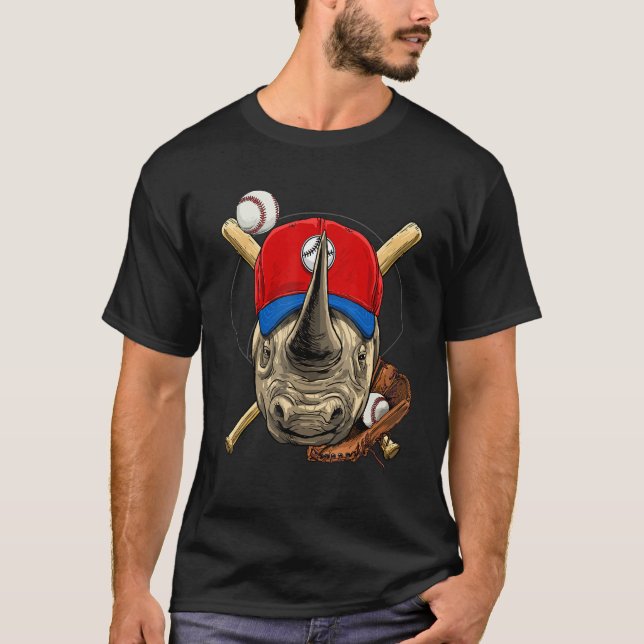 Baseball Player Rhinoceros Pitcher Catcher Basebal T Shirt (Framsida)