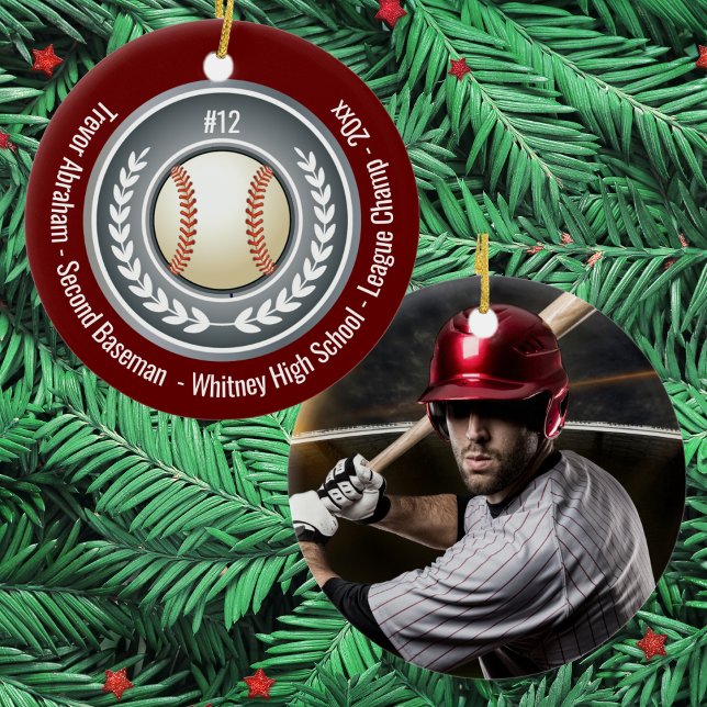 Baseball Player School Silver Gray Red Photo Julgransprydnad Keramik (Personalized baseball ornament featuring team colors, photo, name, number, and school details.)
