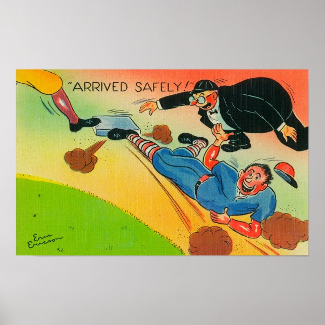 Baseball Player Sliding to Base, ankomst Poster (Framsidan)