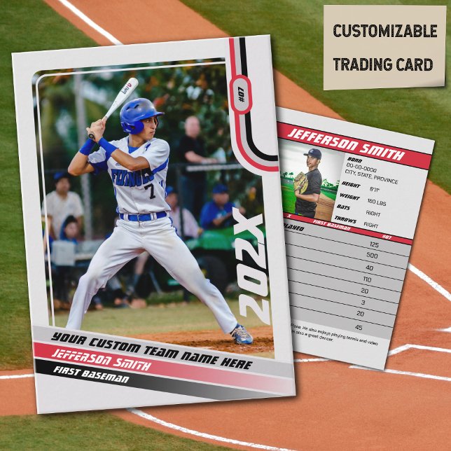 Baseball Player Trafikkort Anpassningsbar Red Gråt (Baseball Player Trading Card in Light Grey with Custom Team Name and Red and Black Elements)