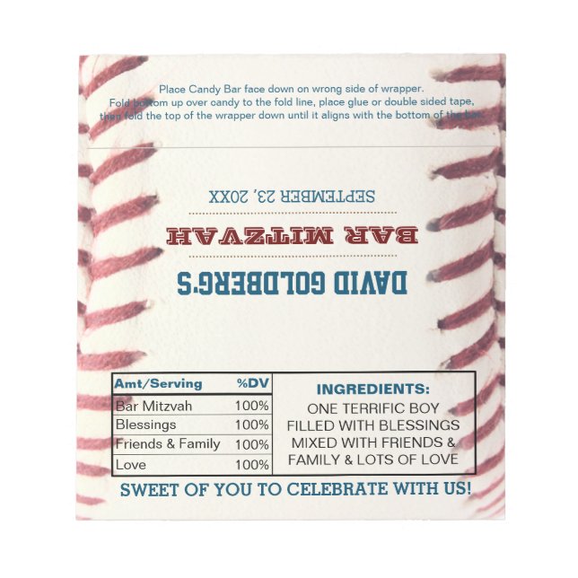 Baseball Pub Mitzvah Chocolate Candy Wrappers Anteckningsblock (Framsida)