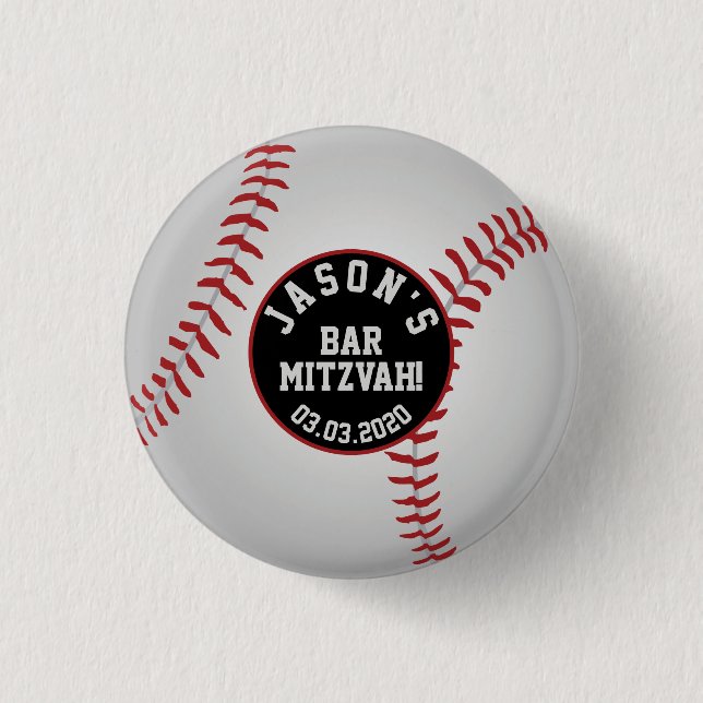 Baseball Pub Mitzvah Favor Button Red Black Knapp (Framsida)