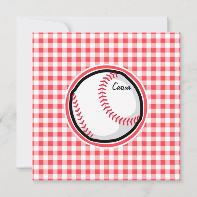 Baseball; Red and White Gingham Inbjudningar (Framsida)
