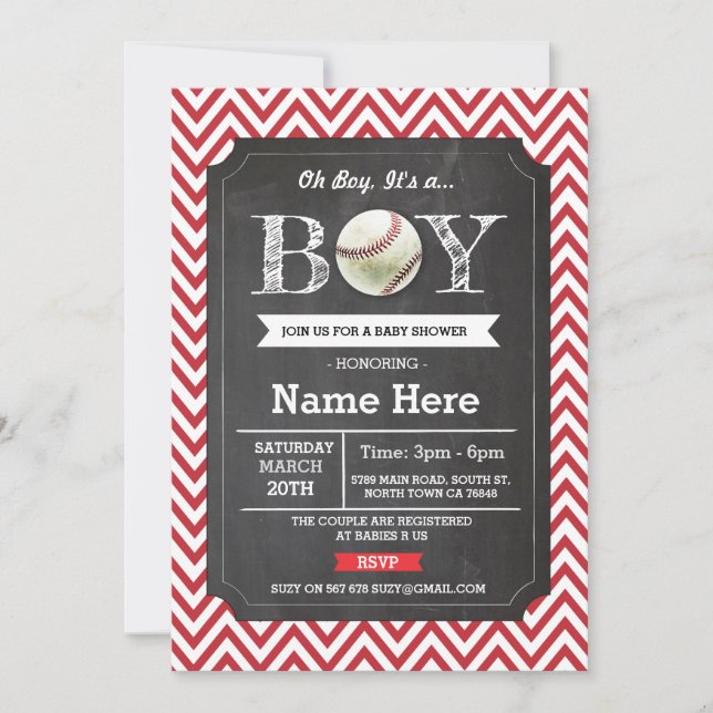 Baseball Red Boy Baby Shower Chevron Inbjudan (Framsida)