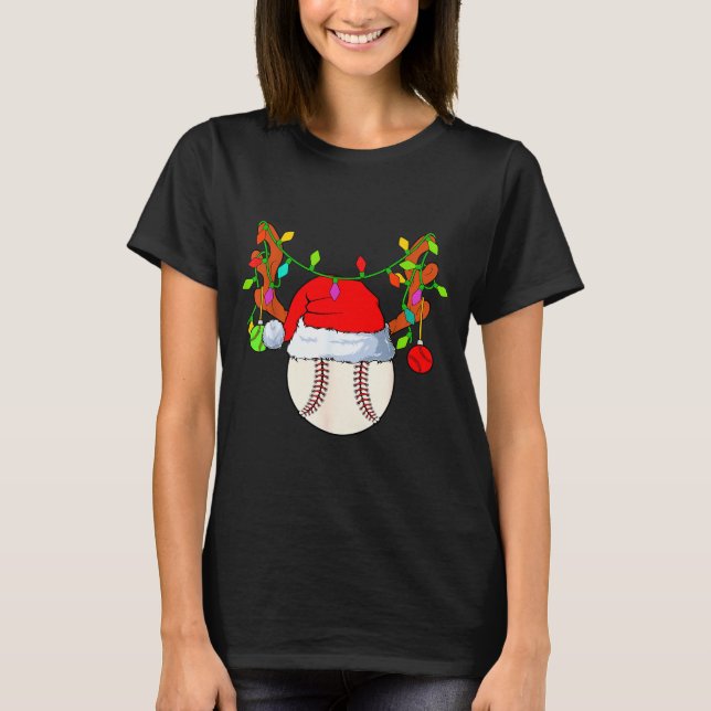 Baseball Reindeer Santa Hat Christmas  T Shirt (Framsida)