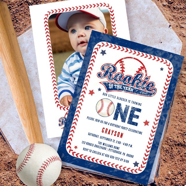 Baseball Rookie-bakfoto 1:a födelsedag Party Inbjudningar (Baseball Rookie of the Year Boy's 1st Birthday Party Photo Invitation)