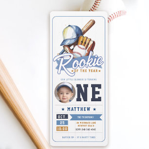 Baseball Rookie Biljett Photo Blue Boy 1st Birthda Inbjudningar