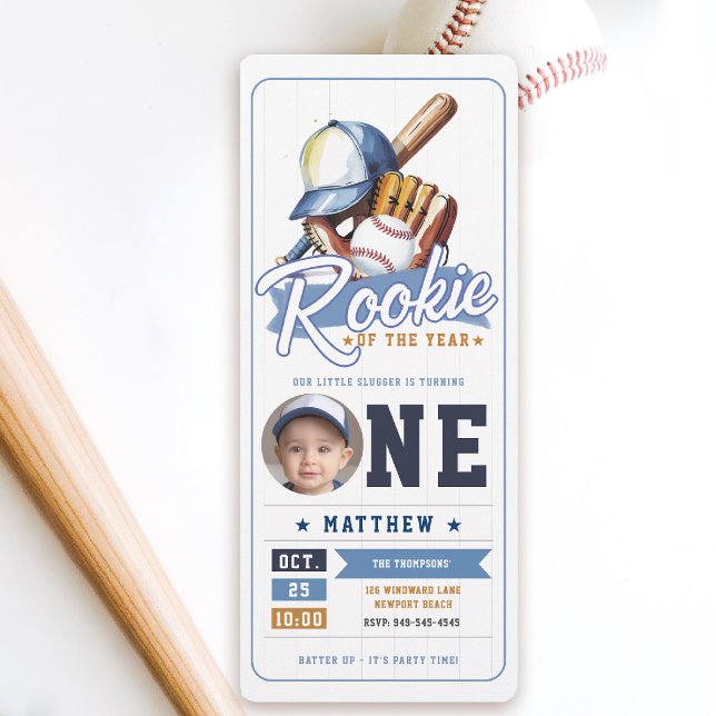 Baseball Rookie Biljett Photo Blue Boy 1st Birthda Inbjudningar (rookie of the year 1st birthday invite boy baseball theme sports ticket blue brown photo template)