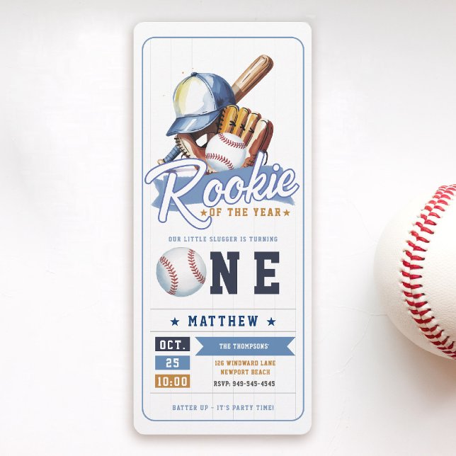 Baseball Rookie Biljett Sports Boy 1st Birthday Inbjudningar (rookie of the year 1st birthday invite boy baseball theme sports ticket blue brown card)
