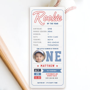 Baseball Rookie Biljett Stats Blue Boy 1st Birthda Inbjudningar