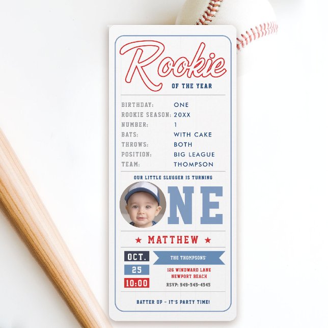 Baseball Rookie Biljett Stats Blue Boy 1st Birthda Inbjudningar (baseball 1st birthday invite boy little slugger rookie of the year player stats ticket fun template)