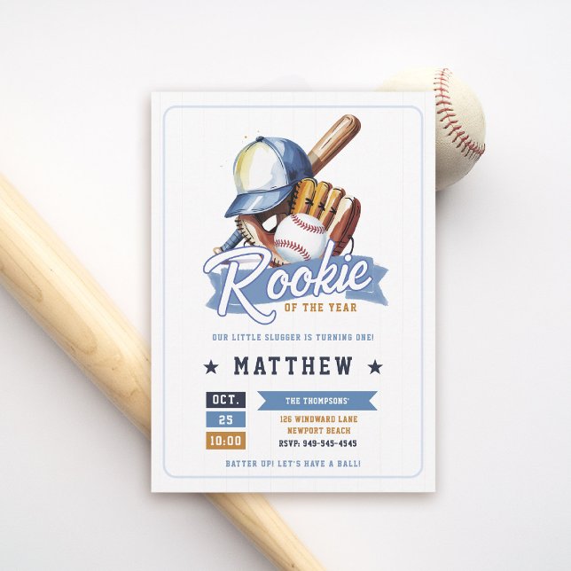Baseball Rookie Boll Fladdermus Cap Blue Boy 1st B Inbjudningar (rookie of the year 1st birthday invite boy baseball theme sports all star milestone blue tan brown)