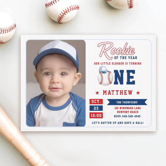 Baseball Rookie Cap Rand Photo Boy 1:a födelsedag Inbjudningar (rookie of the year 1st birthday invite boy baseball theme sports all star red blue stripes photo)