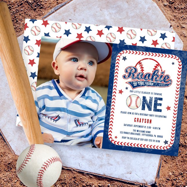 Baseball Rookie Front Foto 1:a födelsedag Party Inbjudningar (Baseball Rookie of the Year Boy's 1st Birthday Party Photo Invitation)