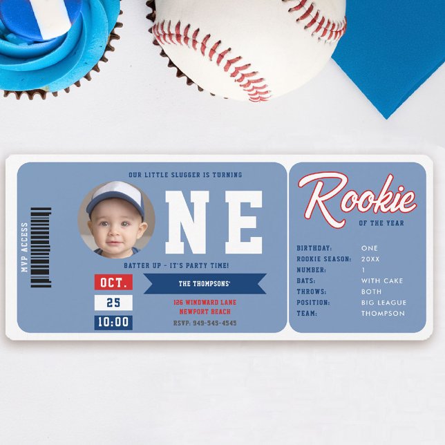 Baseball Rookie Stats Blue Biljett Boy 1st Birthda Inbjudningar (baseball 1st birthday invite boy little slugger rookie of the year player stats blue ticket template)
