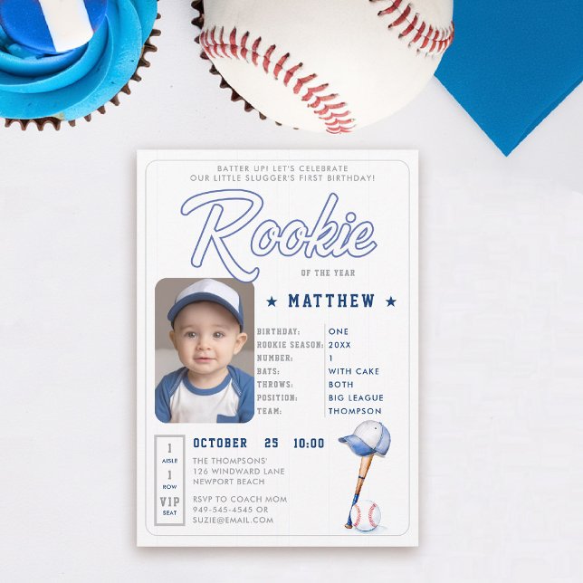 Baseball Rookie Stats Blue Photo Boy 1st Birthday Inbjudningar (rookie of the year 1st birthday invite boy baseball theme sports player stats card ticket blue)