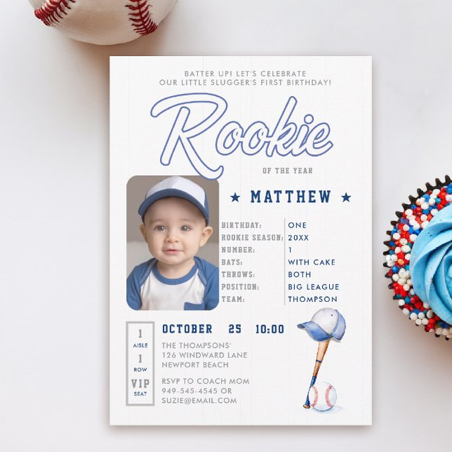Baseball Rookie Stats Card Photo Boy 1:a födelseda Inbjudningar (rookie of the year 1st birthday invite boy baseball theme sports player stats card ticket blue card)