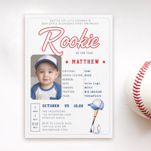 Baseball Rookie Stats Cute Photo Boy 1:a födelseda Inbjudningar