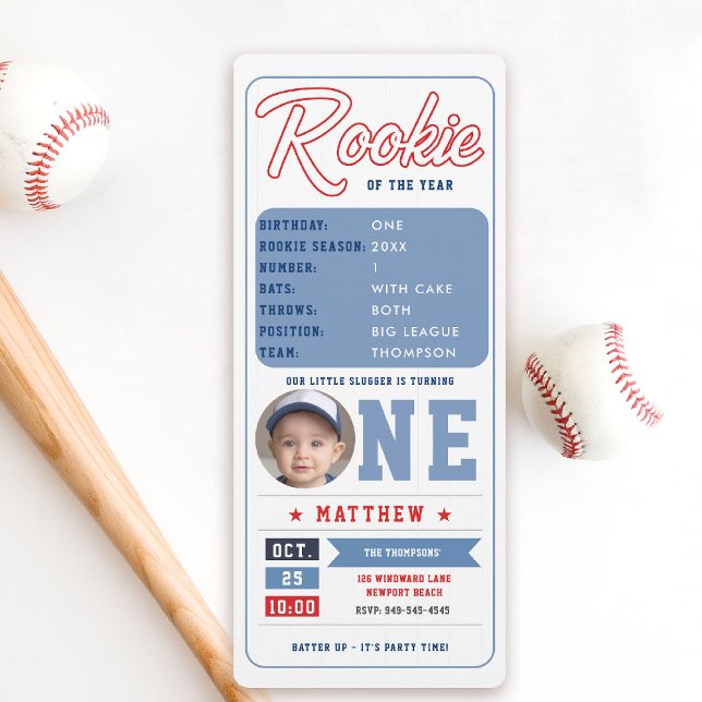 Baseball Rookie Stats Pic Biljett Boy 1st Birthday Inbjudningar (baseball 1st birthday invite boy little slugger rookie of the year player stats ticket template)