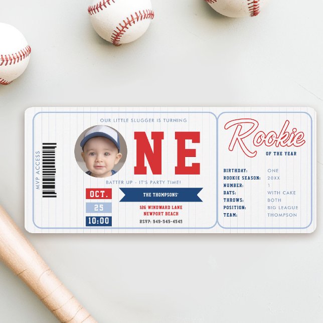 Baseball Rookie Stats Red Biljett Boy 1st Birthday Inbjudningar (baseball 1st birthday invite boy little slugger rookie of the year player stats red blue ticket )