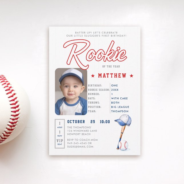 Baseball Rookie Stats Roligt Photo Boy 1:a födelse Inbjudningar (rookie of the year 1st birthday invite boy baseball theme sports player stats card ticket blue red)