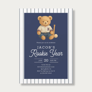 Baseball Rookie Teddy Bear 1st Birthday Inbjudningar