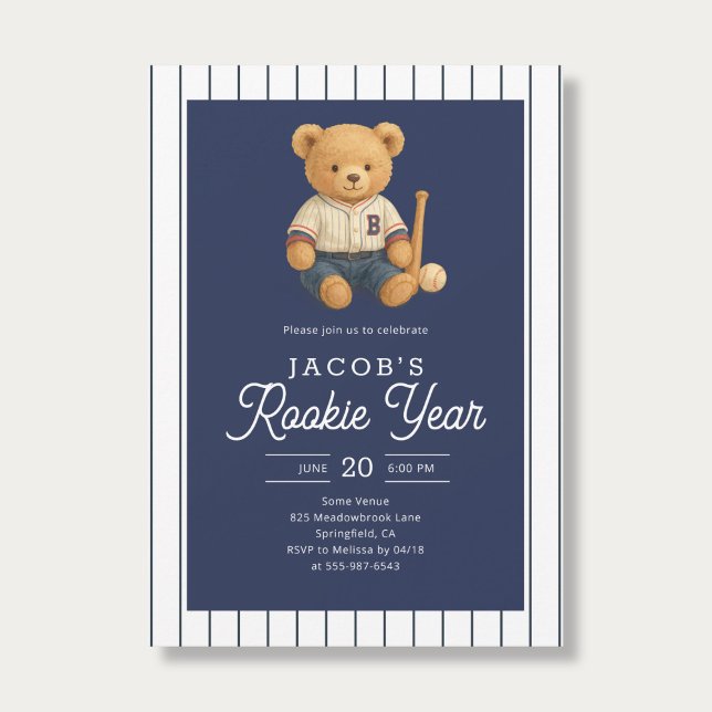 Baseball Rookie Teddy Bear 1st Birthday Inbjudningar (Skapare uppladdad)