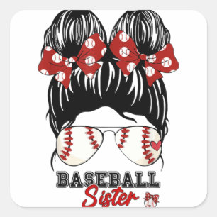 Baseball Sister, Proud Sister, Messy Bun Baseball Fyrkantigt Klistermärke