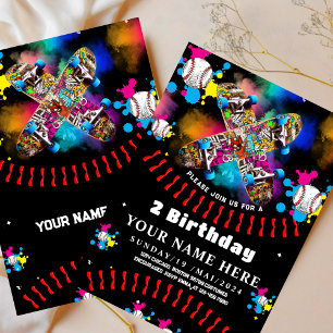 Baseball skateboard graffiti colorful party Black Inbjudningar