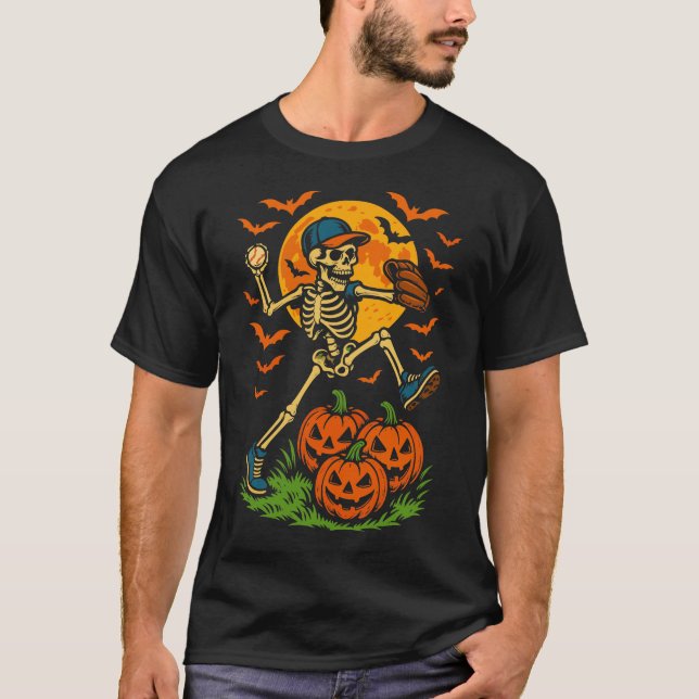 Baseball Skeleton Halloween Manar Boys Baseball T Shirt (Framsida)