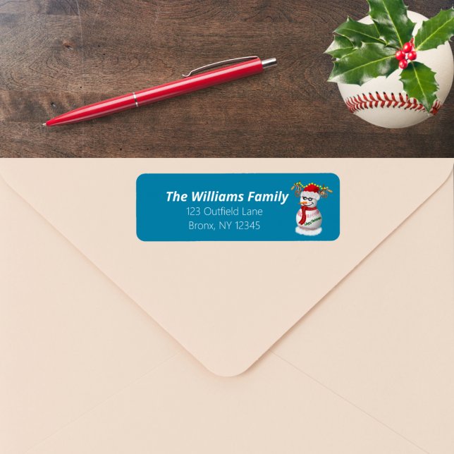 Baseball Snögubbe dekorerad med populära Snacks Returadress Etikett (Skapare uppladdad)