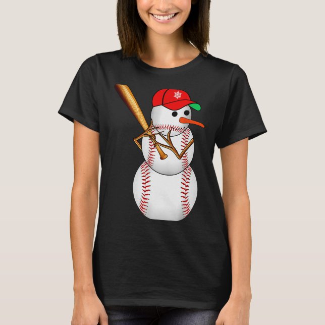 Baseball Snowman Snow Christmas Xmas Men Women  T Shirt (Framsida)
