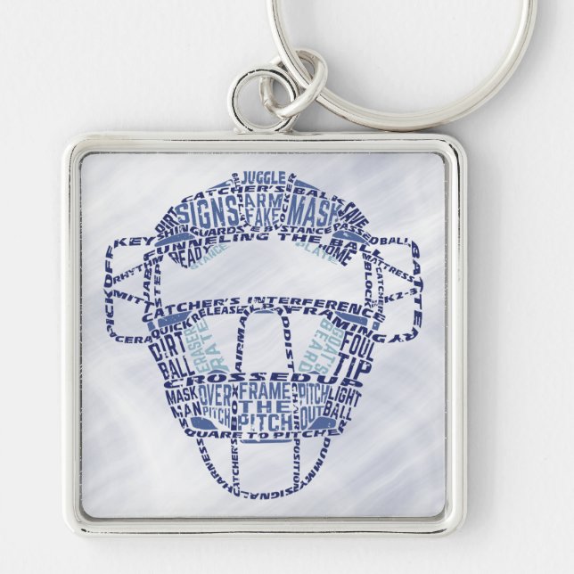 Baseball Softball Catcher Mask Calligram Fyrkantig Silverfärgad Nyckelring (Framsidan)