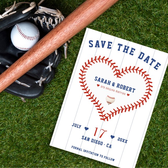 Baseball Softball Sport Heart Streck Bröllop Spara Datumet (Baseball Softball Sport Heart Pinstripe Wedding Save The Date)