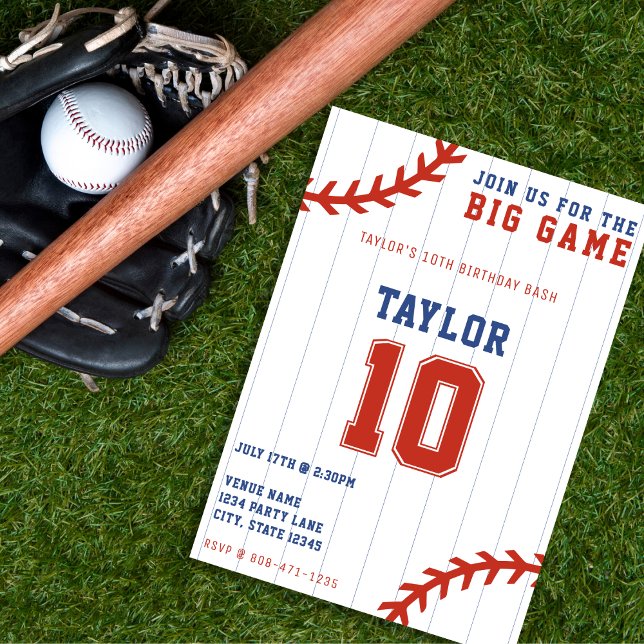 Baseball Softball Streck 10:e Födelsedagsfesten Inbjudningar (Baseball Softball Pinstripe 10th Birthday Party Invitation)