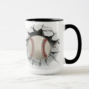 Baseball som går genom hål i en mur mugg
