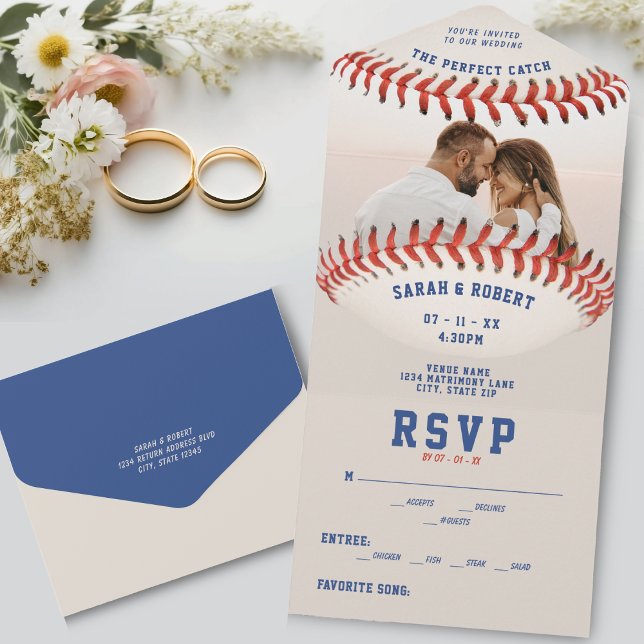 Baseball Sport, Perfekt Catch Photo Bröllop (Baseball Sport The Perfect Catch Photo Wedding All In One Invitation)