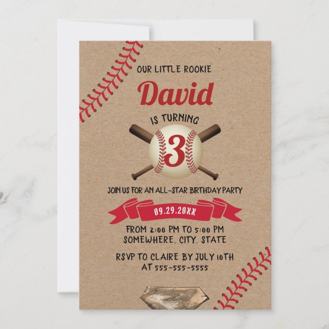 Baseball Sports alla Star Rustic Kraft Birthday Inbjudningar (Framsida)